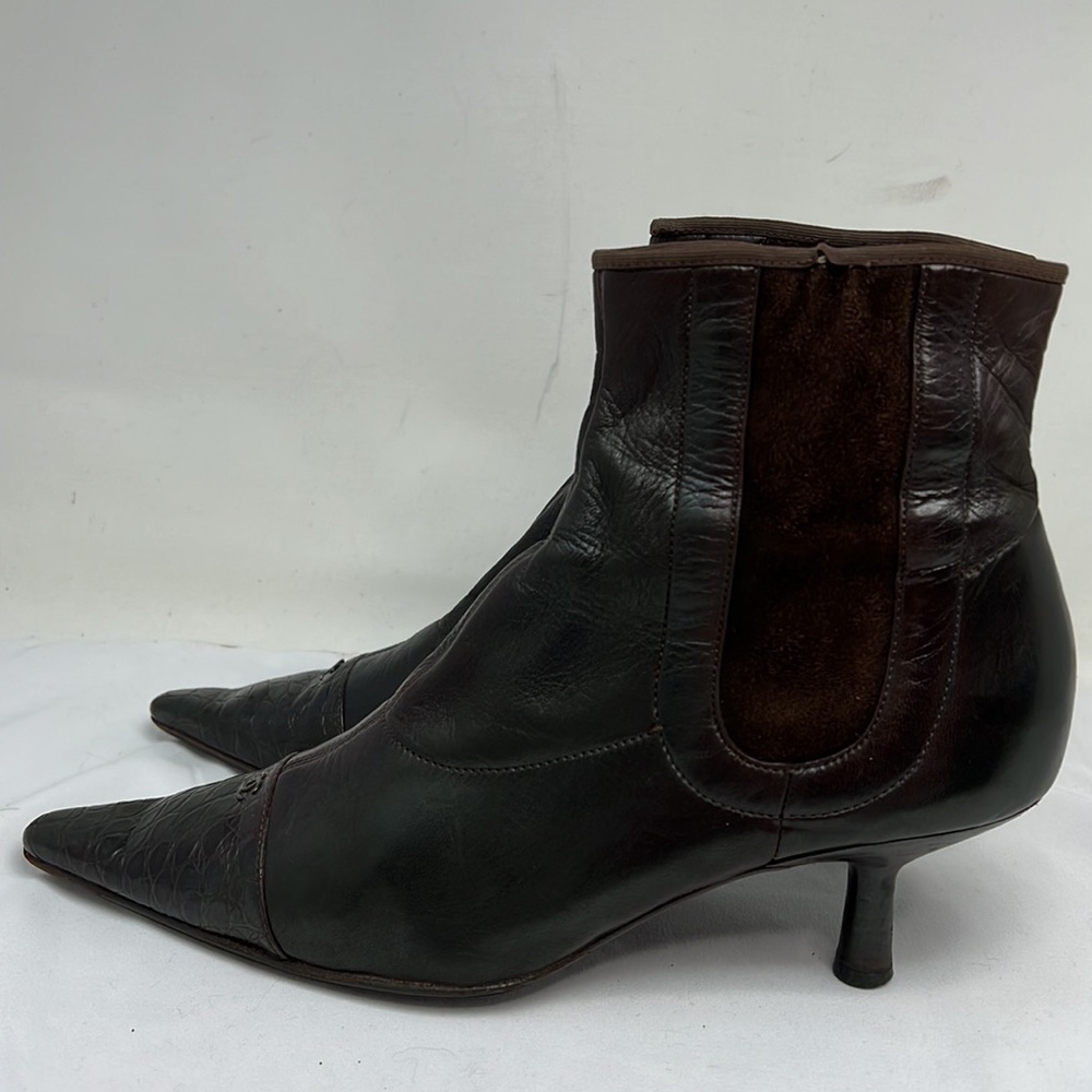 Chanel Sz 8 Brown Leather Croc and Suede Ankle Length Sock Kitten Heel Boots - Picture 12 of 16
